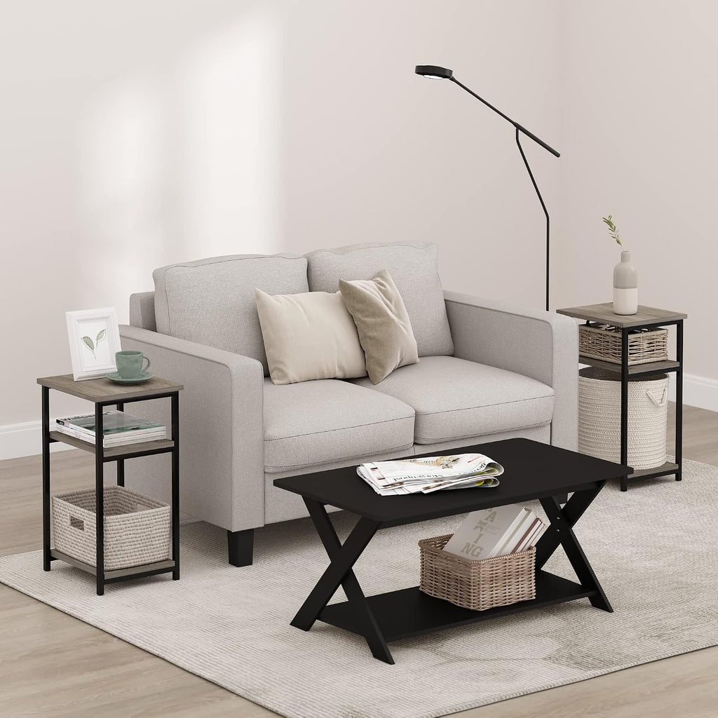 Furinno JUST 3-Tier Telephone Table Set of 2, Modern Metal Frame Side Table with Open Shelf, Night Stand, Bedside Table, Easy Assembly,for Living Room, Bedroom, Grey Oak