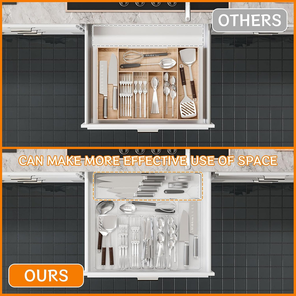 Clear Expandable Silverware Organizers for Kitchen Drawers,Large BPA Free Cutlery Organizer in Drawer,Plastic Utensil Drawer Organizer Suitable as Flatware,Knife,Fork,Spoon,Silverware Holder and Tray