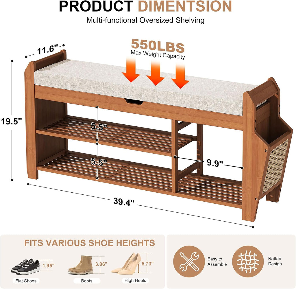 PETKABOO 39.4" Bamboo Shoe Rack Bench, 3-Tier Entryway Bench with Thick Cushion, Flip-Top & Side Storage, Holds Up to 550 LBS for Hallway, Living Room, Bedroom