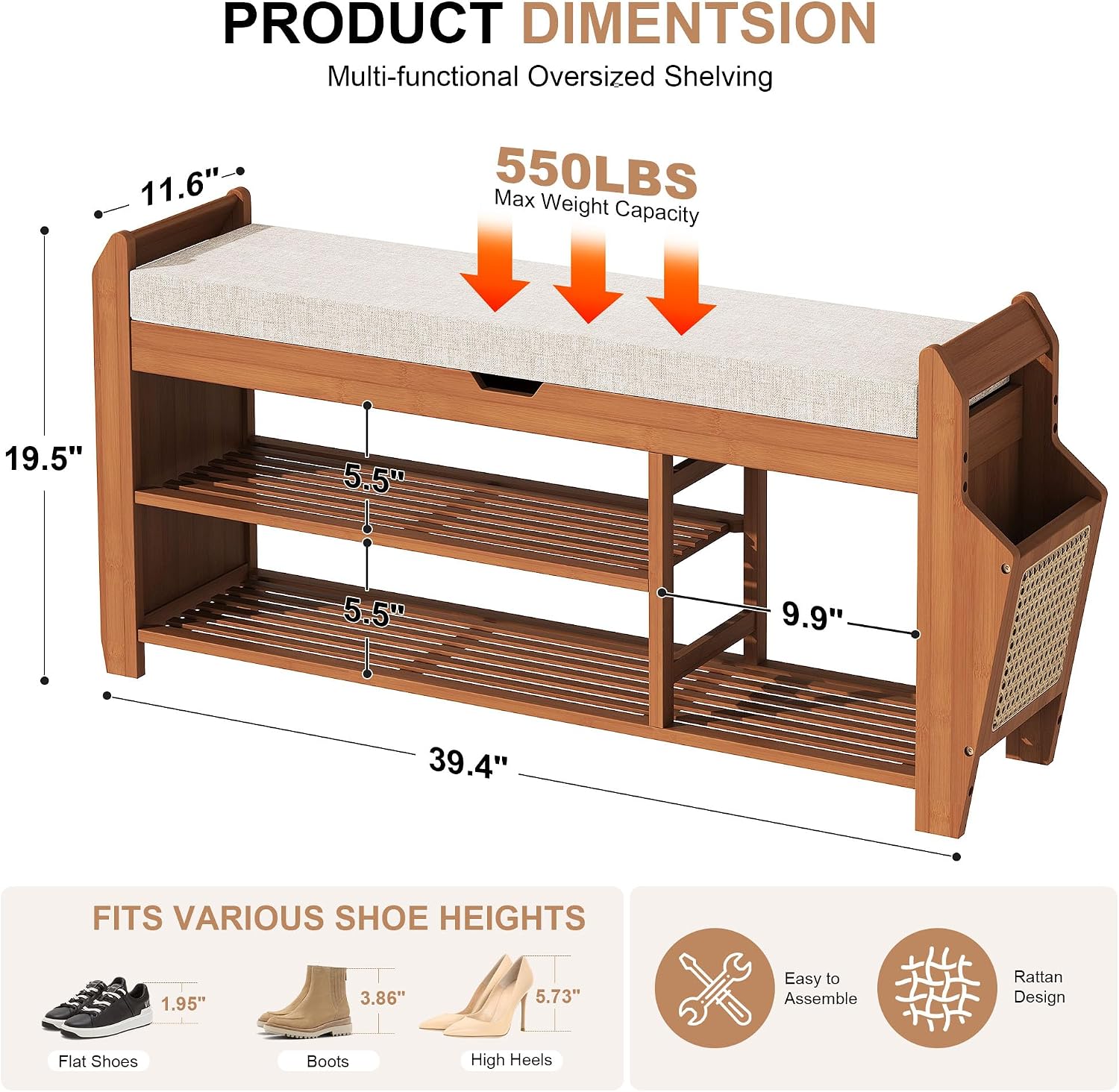 PETKABOO 39.4" Bamboo Shoe Rack Bench, 3-Tier Entryway Bench with Thick Cushion, Flip-Top & Side Storage, Holds Up to 550 LBS for Hallway, Living Room, Bedroom