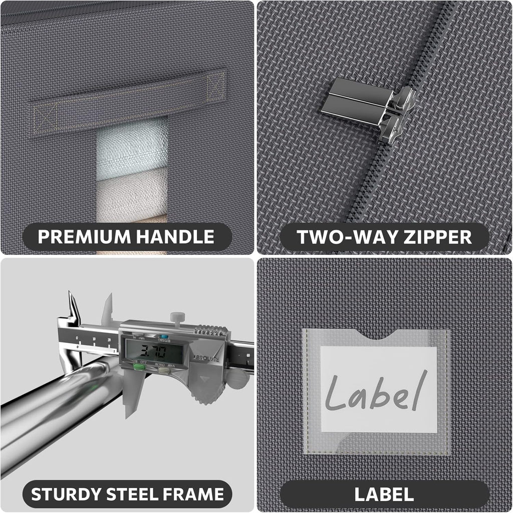 CYhom 3Pack Stackable Clothes Storage Bins - Oxford Frame Storage Box Foldable Clothing Storage Container Organizer Set with Clear Window & Carry Handles Large Capacity (Dark Gray, Large-66L)