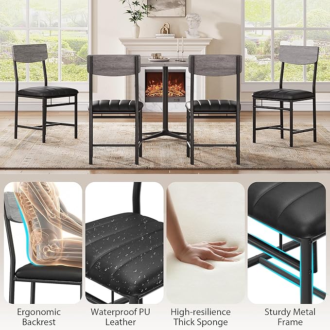 Industrial Dining Chairs Set of 6 - Upholstered Dining Room Chairs with PU Leather, Kitchen Chairs with Wooden Backrest and Thickened Metal Legs, for Dining Room, Living Room（Gray）