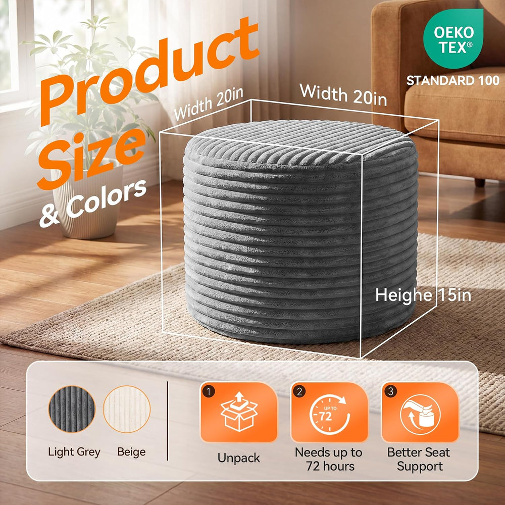 20in Round Pouf Ottoman, Large Corduroy Ottoman Foot Rest with Solid High-Den...