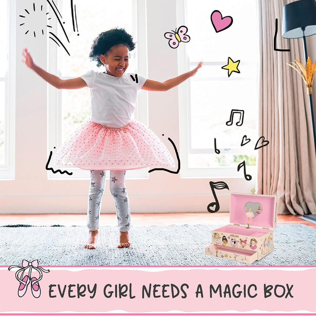 Ballerina Musical Jewelry Box for Girls - Glow In The Dark - Organizer with Heart Necklace and Bracelet Set - Cute Ballerina Music Box for Little Girls