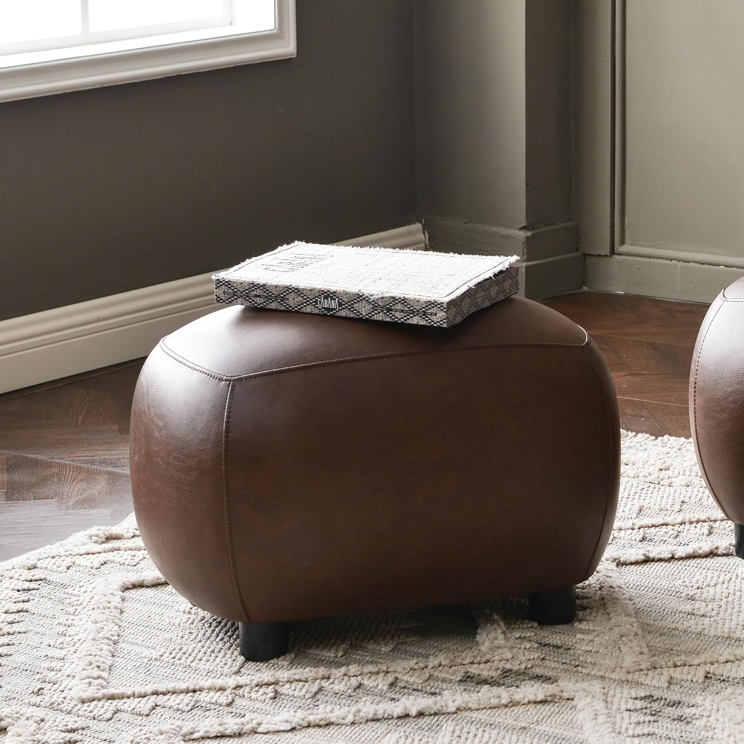 KINWELL 23" Wide Faux Leather Upholstered Ottoman, Mid-Century Modern Living Room Footrest with Soft Padded Seat, Footstool for Bedroom, Entryway or Living Room, Dark Brown