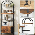 HOOBRO 5-Tier Bookshelf, Arched Bookcase with 2 Drawers, Tall Industrial Style Display Rack, Modern Standing Bookcase with Metal Frame for Office, Bedroom, Kitchen, Rustic Brown and Black BF175SJ01