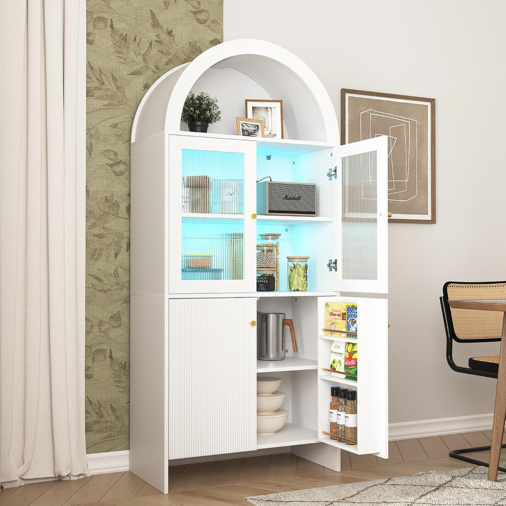 Spaco 69" Tall Arched Kitchen Pantry Cabinet with Led Lights,Wood Fluted...