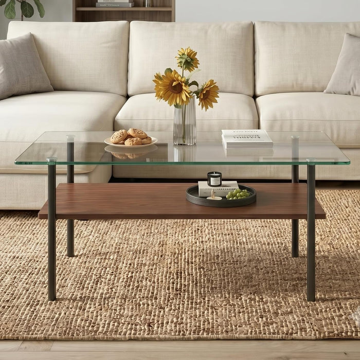 Glass Coffee Table Modern Center Table, Coffee Table for Living Room, Tempered Glass-top with Sturdy Metal Frame, Easy Assembly, Clear