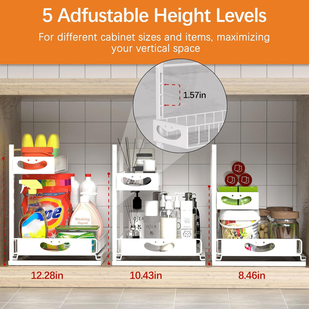 Under Sink Organizer with Pull-Out Drawers,Kitchen Sink Organizer,2 Tier Bathroom Organizers And Storage,Bathroom Accessories Set,White 2 Pack