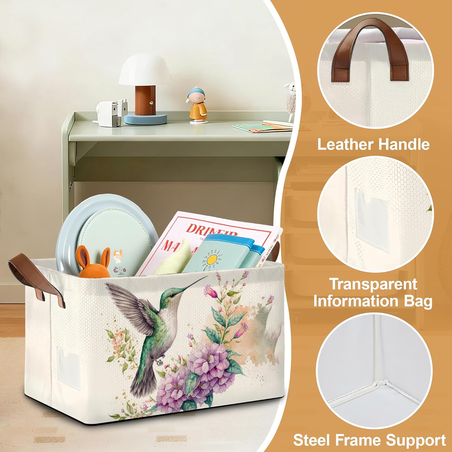 32L Large Storage Bins with Handles, Basket Organizer for Shelves, Closet, Books, Laundry & Home Decor (Hummingbird Flower)