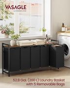 VASAGLE Laundry Hamper, Laundry Basket, Laundry Sorter with 5 Pull-Out and Removable Bags, Shelf, Metal Frame, 5 x 10.6 Gallons (40 L), 56.5 x 13 x 28.4 Inches, Ink Black and Rustic Brown UBLH501B01