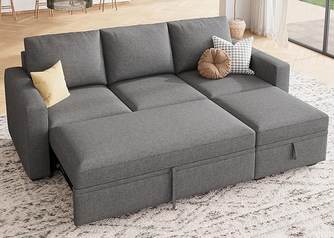 HONBAY Modular Sectional Sleeper Sofa with Pull Out Bed, L Shaped Couch with Storage Seat, Modular Sectional Couches for Living Room - Dark Grey