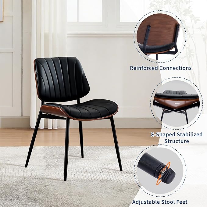 Garvee Dining Chairs Set of 2, Mid-Century Modern Upholstered Retro PU Leather Kitchen Chairs with Walnut Bentwood Back and Metal Legs Adjustable Feet for Kitchen Dining Room, Black Shell Strips