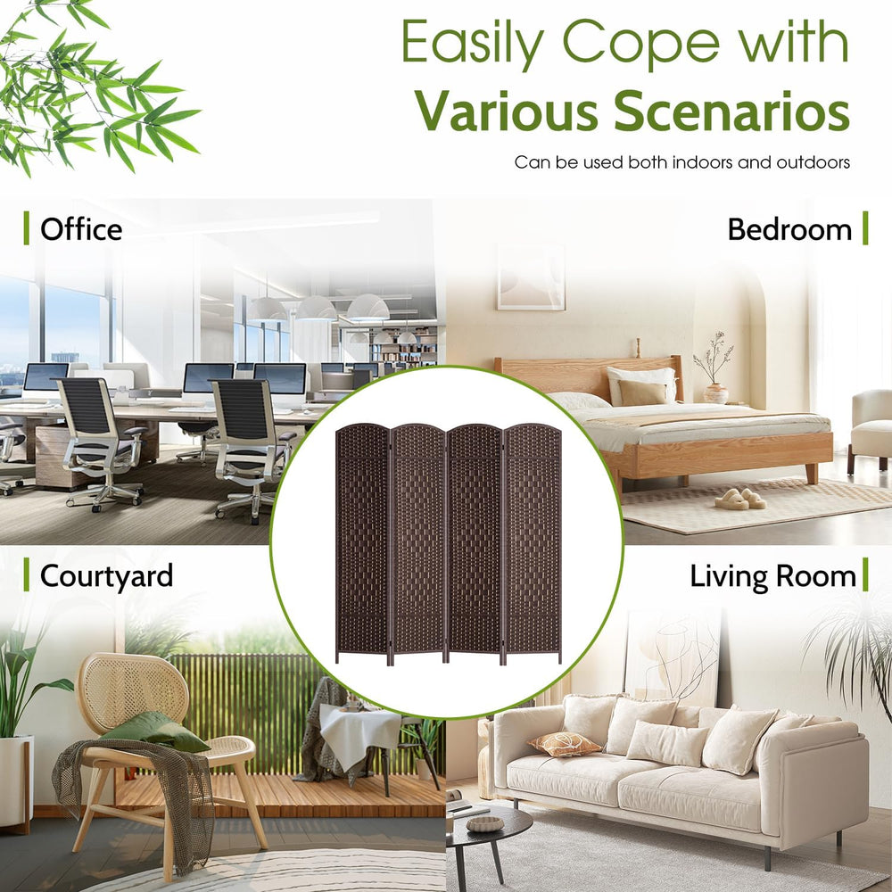 FDW | 4-Panel Folding Room Divider | 6ft, Brown | Hand Woven Mesh