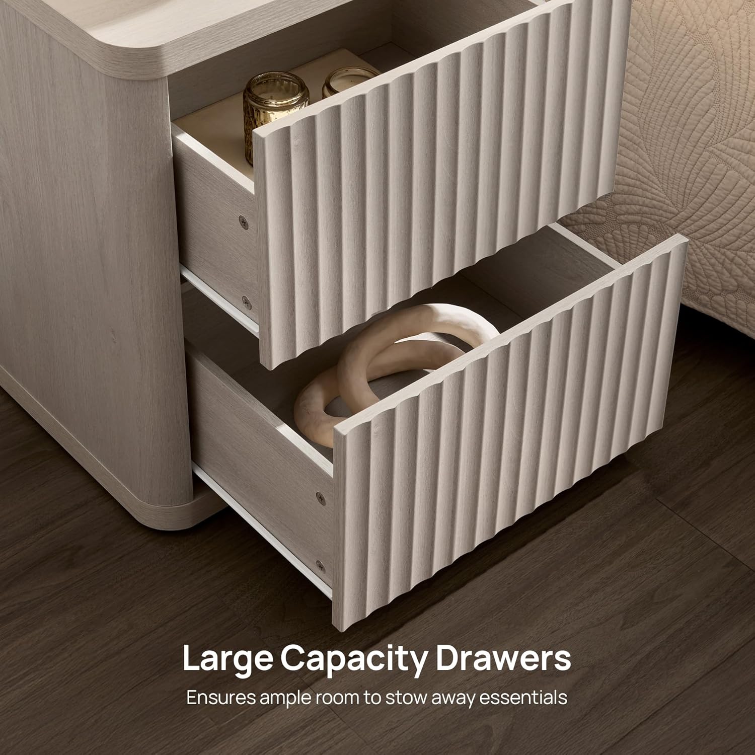 SICOTAS Night Stand Set of 2 Nightstands with 2 Drawers Storage Bedside Table Large Fluted Bed Side End Table Modern 24.4" Tall Wide Night Stands for Bedroom Living Room Sofa Couch Office, White Alder