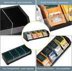 Tea Bag Holder Organizer Box with 4 Compartments, Pine Wood and Acrylic, 13.5 x 4.9 x 3.1 inches for Drawer, Cabinet, Countertop, Tea Tray (Black)