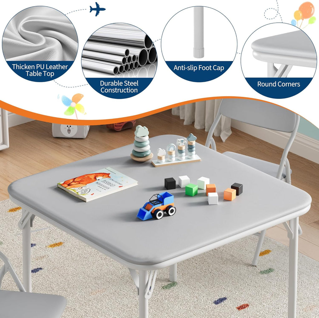 5-Piece Set Kids Folding Table and Chairs Set, Portable No-Assembly Dining Set with PU Cushion, for Boys Girls Eating Reading Playing -Gray