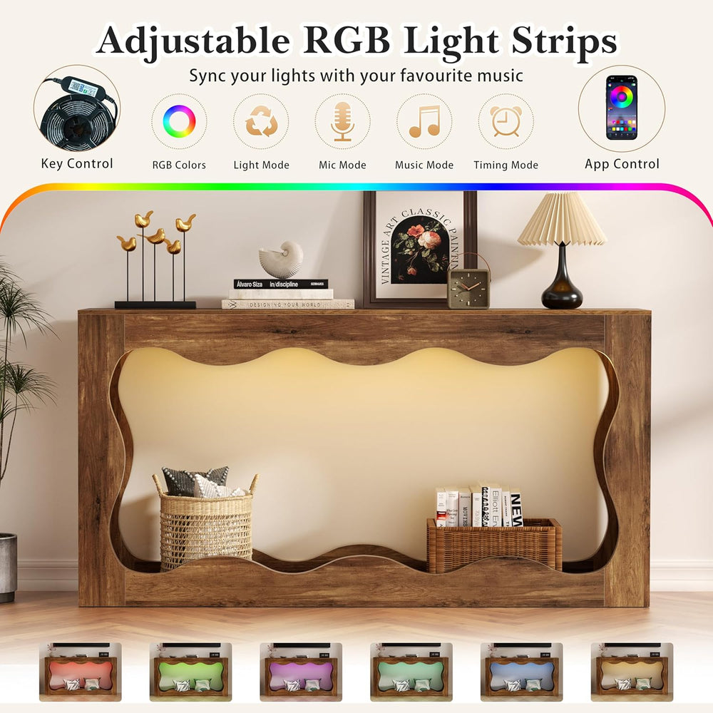 Vongrasig 63-Inch Farmhouse Entryway Table with Light Strips, Scalloped Conso...