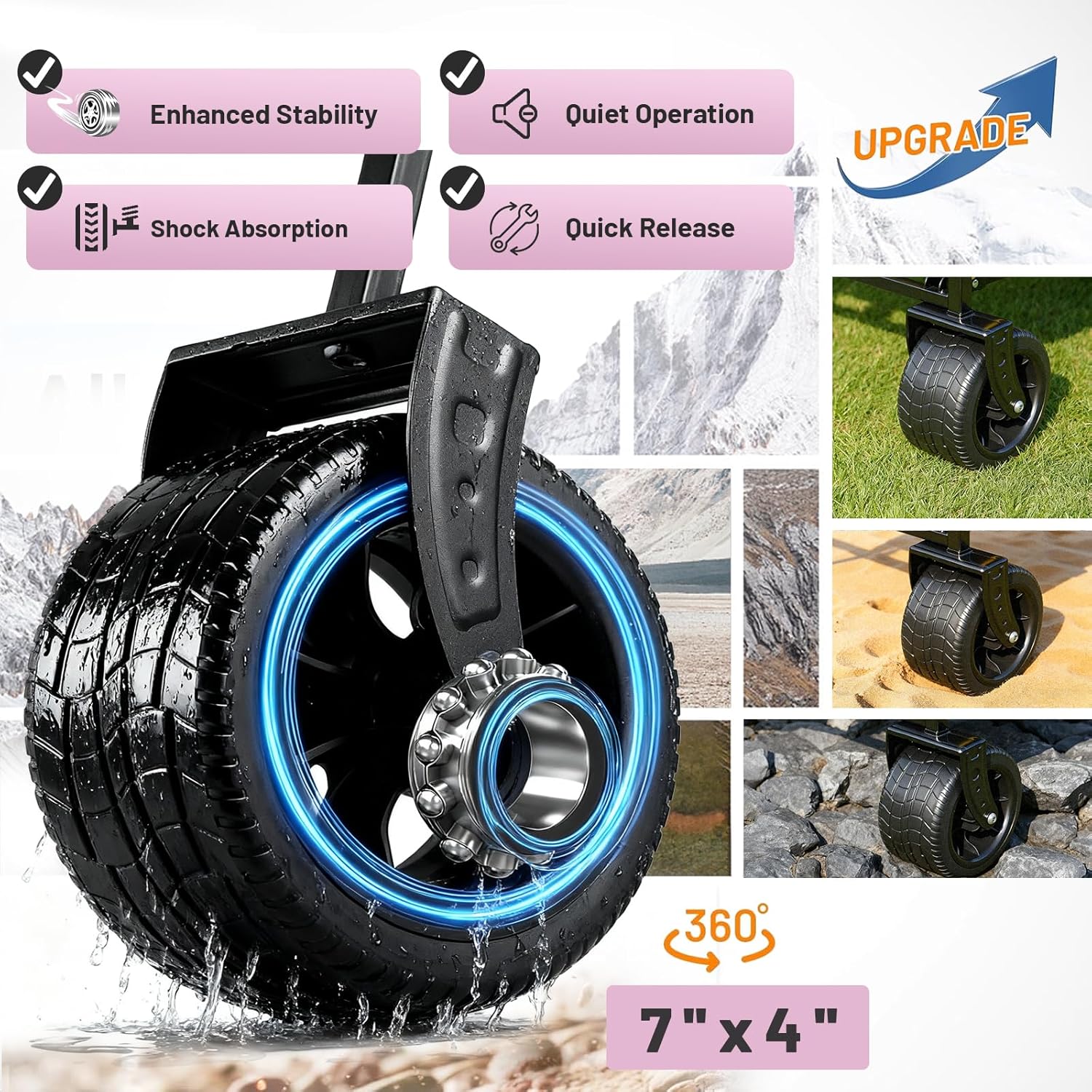 EchoSmile Collapsible Wagon Cart for Camping & Beach - Heavy Duty 400lbs Capacity All-Terrain Cart with Wide Wheels, Portable Folding Utility Wagon for Grocery, Garden, Sports,Pink&Gray