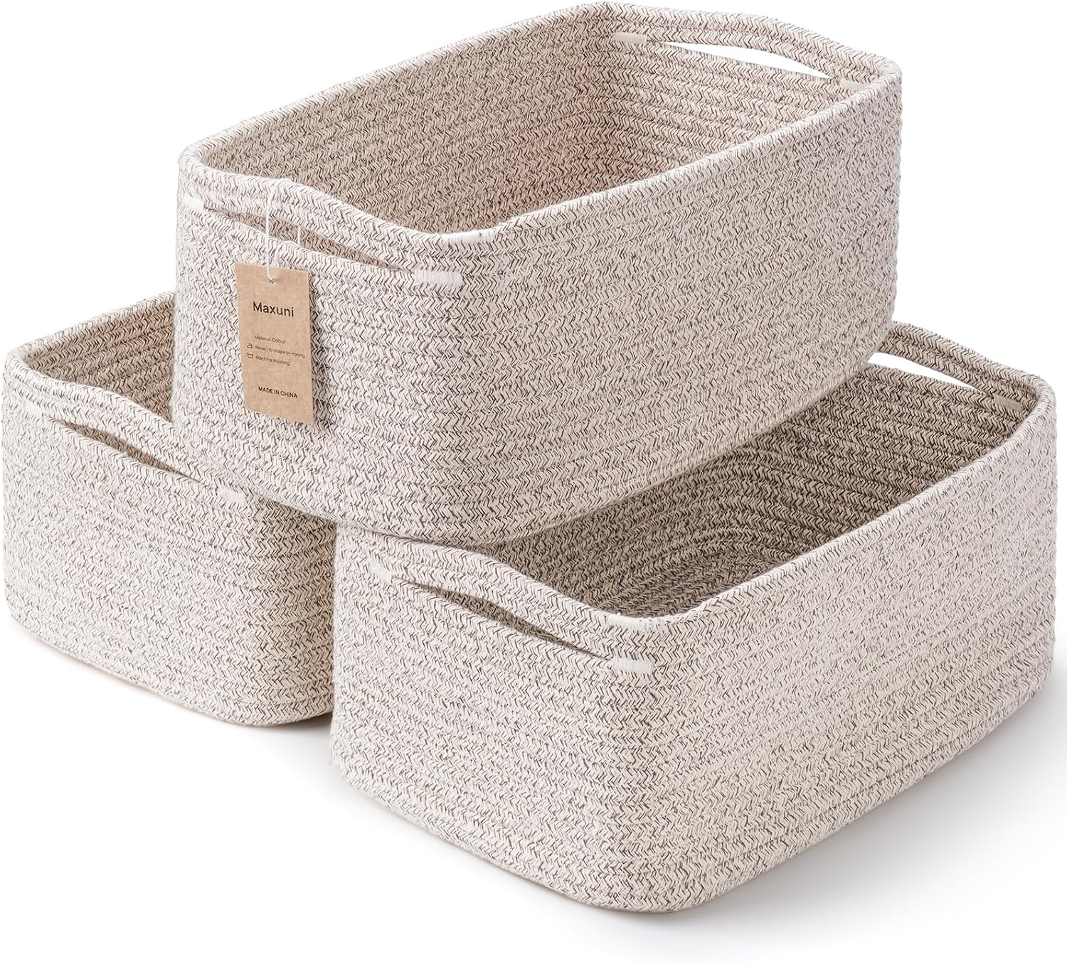 3 Pack Storage Baskets for Organizing, 13.7×9.5×6.3", Mixed brown | Woven Baskets for Shelves, Cotton Rope Basket for Gifts Empty, Closet Organizer Bins with Handles, Cube Decorative Box