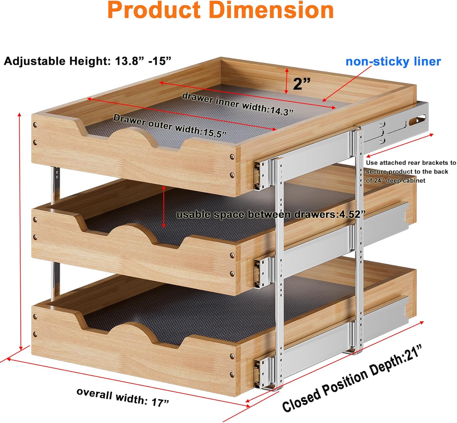 DINDON 3 Tier Pull Out Cabinet Organizer 17”W X21”D Slide Out Shelves With Shelf Liner for Kitchen Wood Roll Out Drawers Pantry Organization