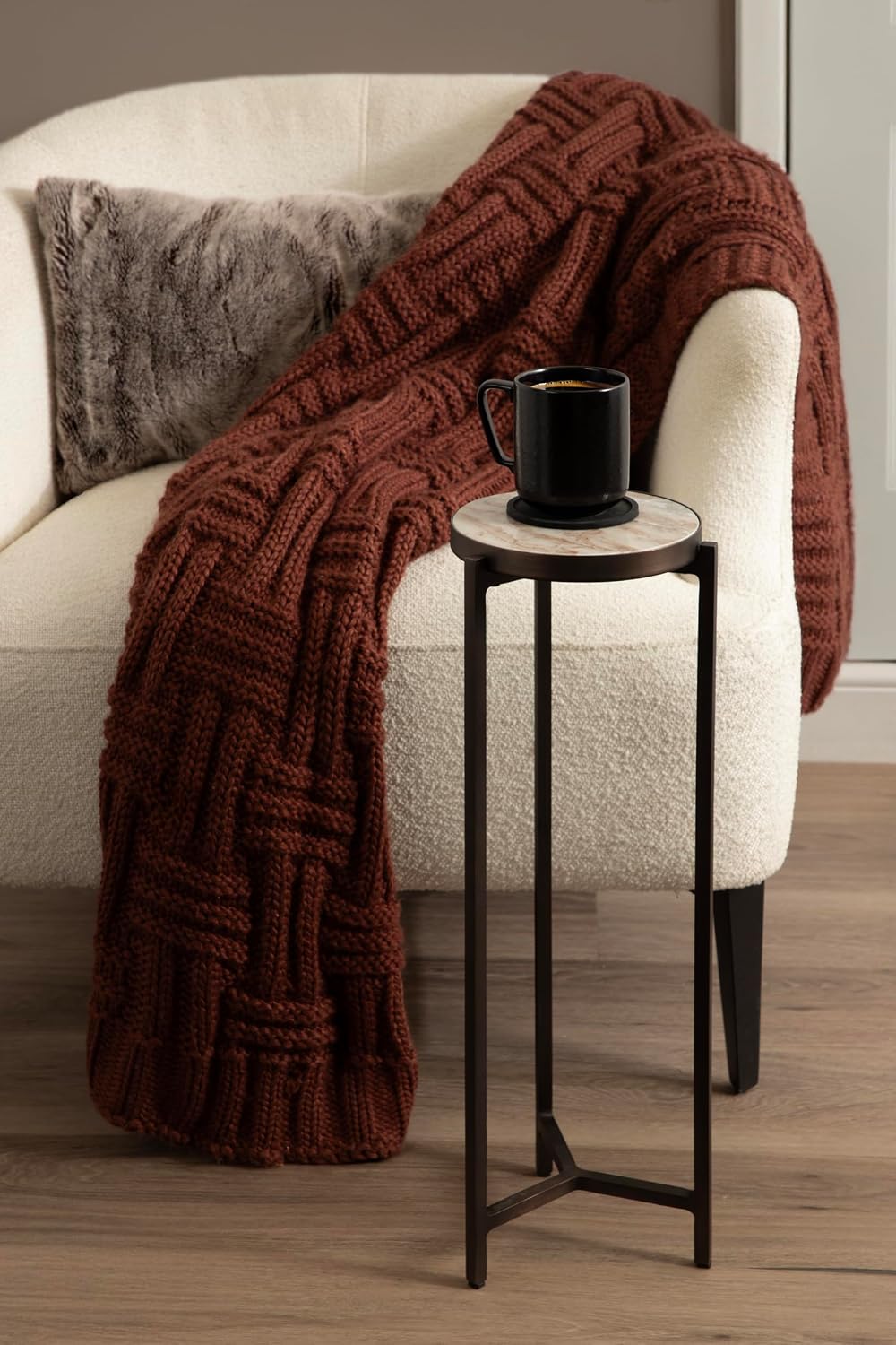 Kate and Laurel Aguilar Modern Round Drink Table, 9 x 9 x 23, Brown Marble an...