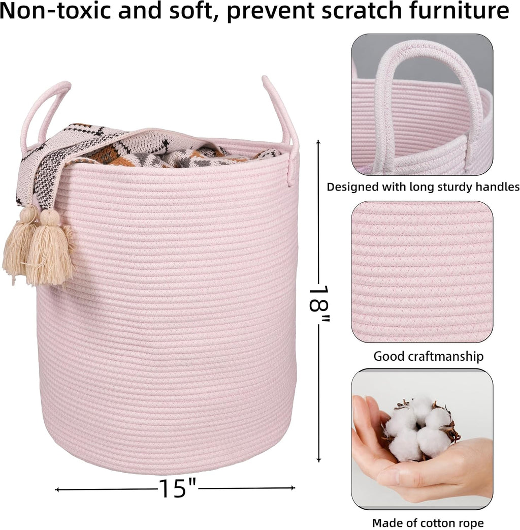 XUANGUO Cotton Rope Laundry Basket Hamper for Girls Kids Baby Nursery Pink | Large Nursery Hamper Bin and Woven Storage Basket for Living Room Girls Room Boho Tall Rope Baskets for Blankets Toys