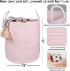 XUANGUO Cotton Rope Laundry Basket Hamper for Girls Kids Baby Nursery Pink | Large Nursery Hamper Bin and Woven Storage Basket for Living Room Girls Room Boho Tall Rope Baskets for Blankets Toys