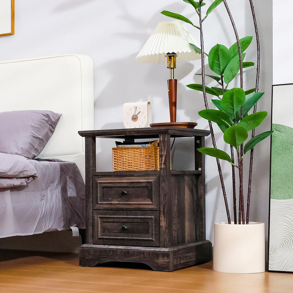 ALBAD Farmhouse Nightstand with Charging Station Rustic Bedside Table with 2 ...