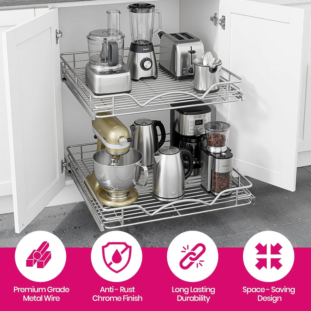 2-Tier Pull-Out Cabinet Organizer for Kitchen, 22" W x 21”D x 16.5" H | Full-Extension Sliding Shelves, Holds 100 lbs, Easy Install for Kitchen, Pantry & Under Sink Cabinets