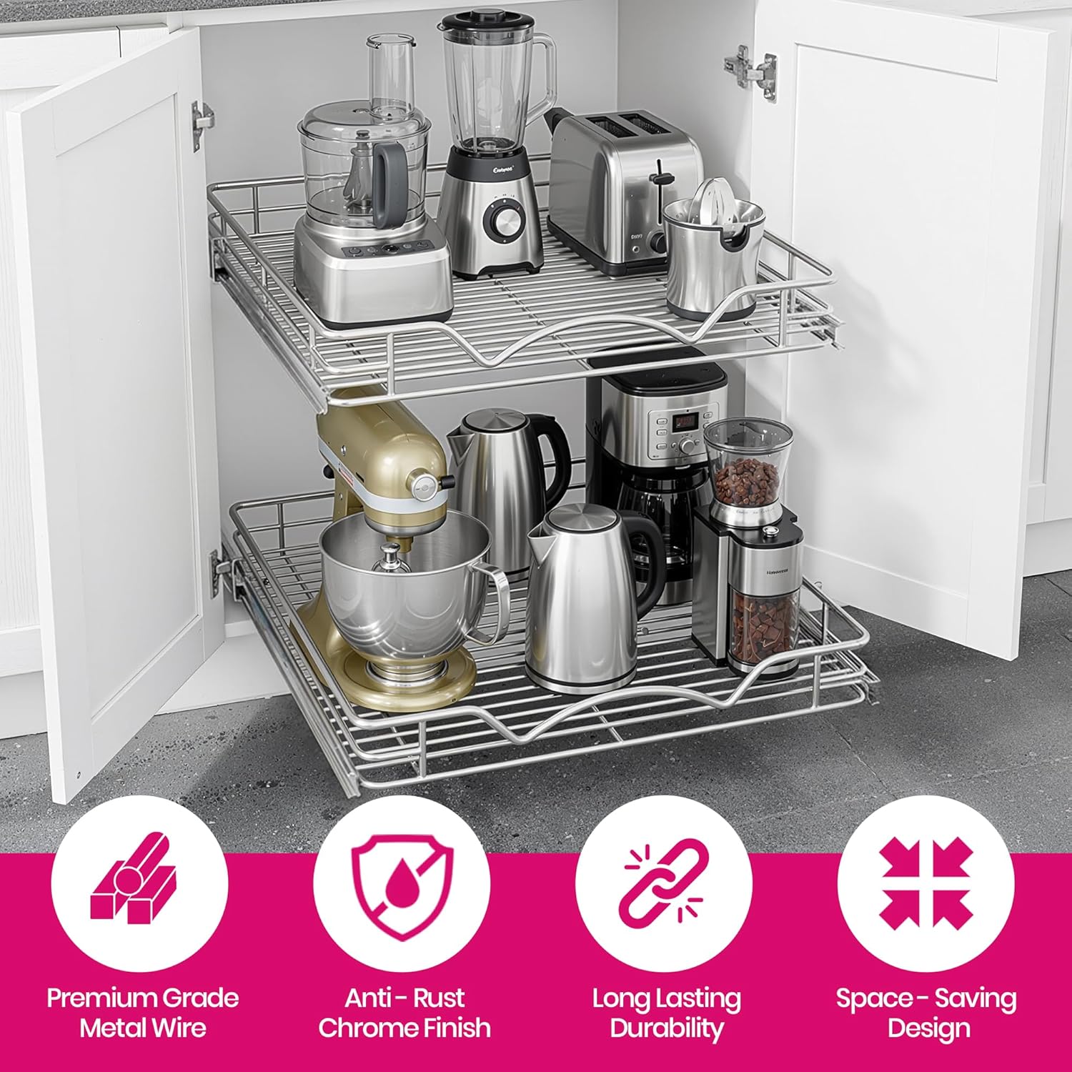 2-Tier Pull-Out Cabinet Organizer for Kitchen, 22" W x 21”D x 16.5" H | Full-Extension Sliding Shelves, Holds 100 lbs, Easy Install for Kitchen, Pantry & Under Sink Cabinets
