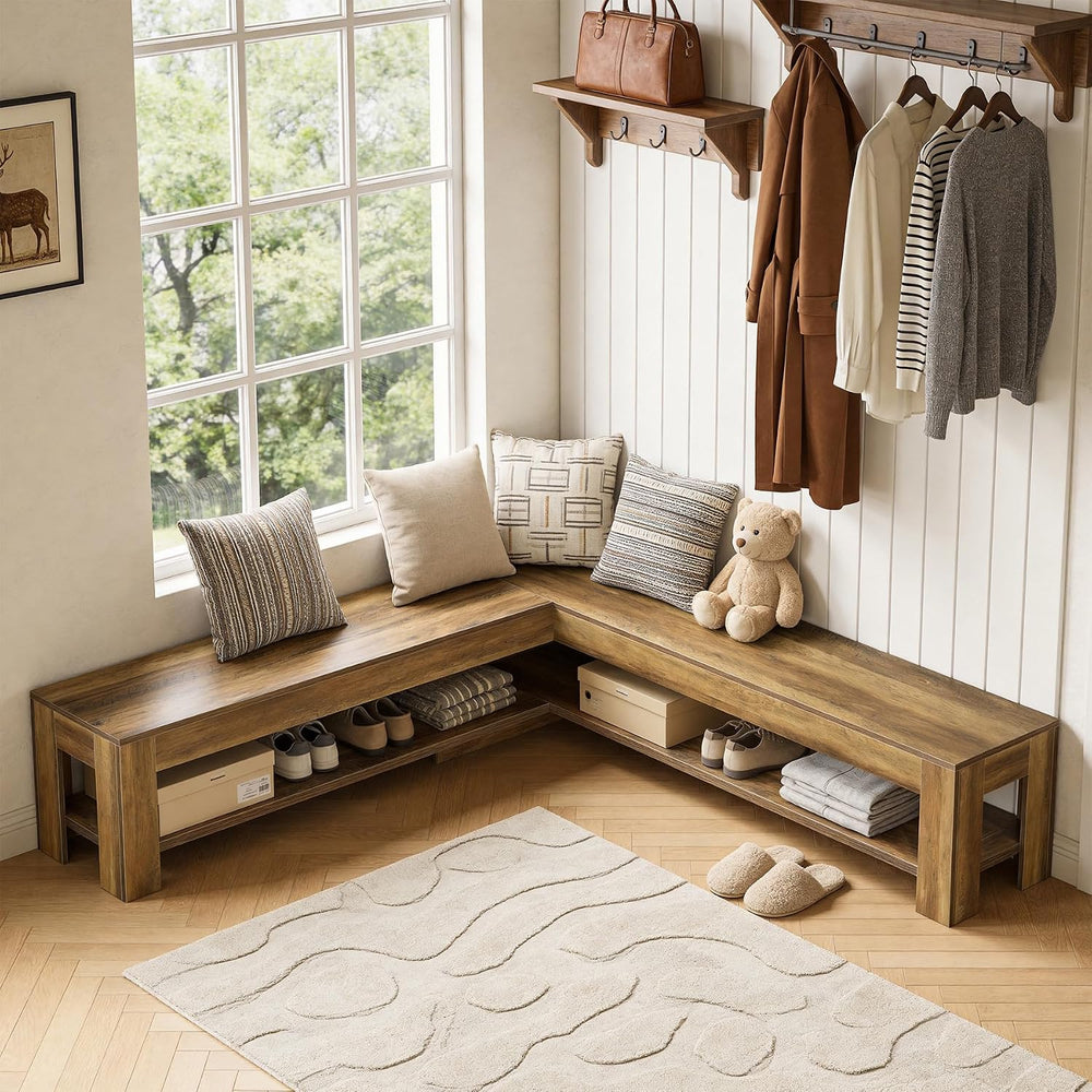 Tribesigns L-Shaped Corner Bench with Storage Shelf, 62.99'' Rustic W...
