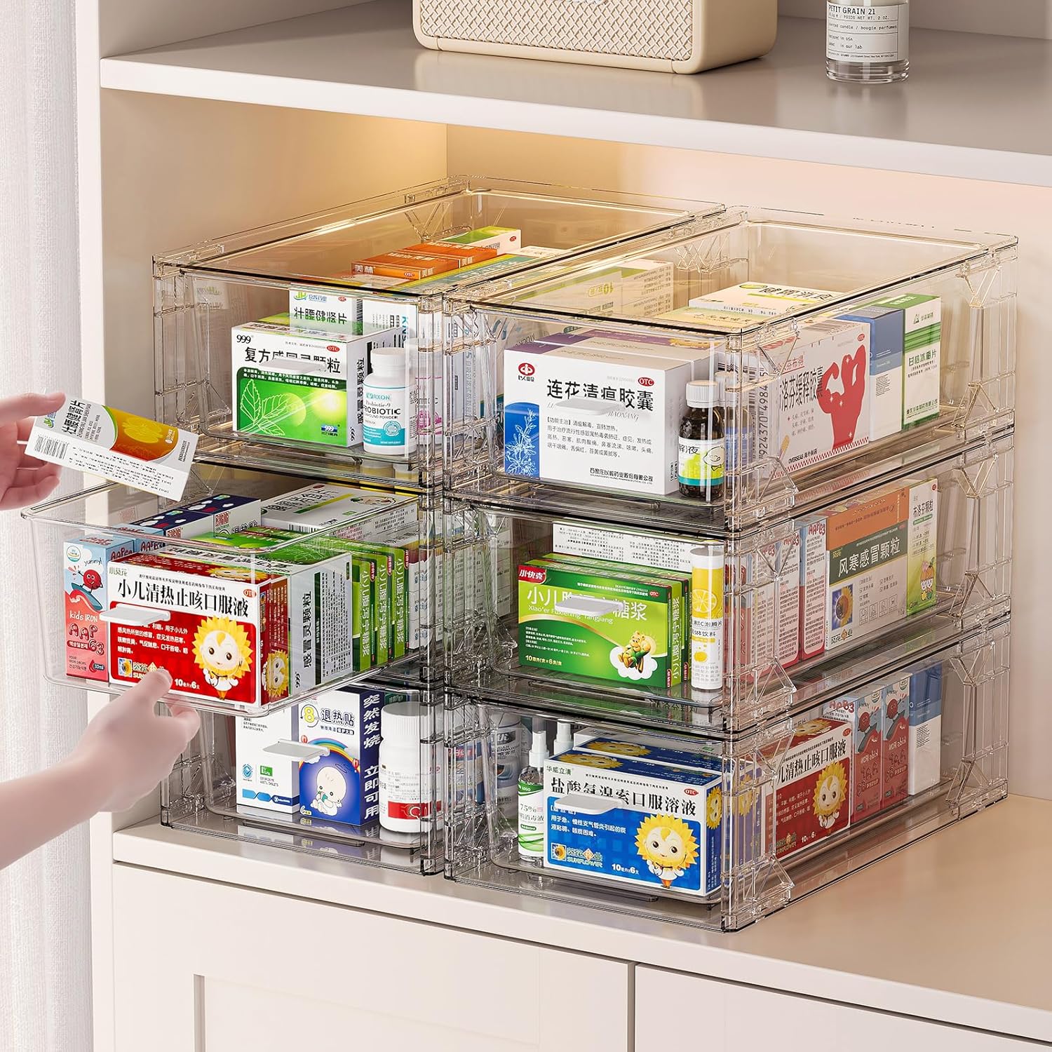 clear Drawer-Type Plastic Storage Box Bins Organizer，Family First Aid Kits Medicine cabinet Box Organizer,Closet ，Shelf，Ointments, Adhesive Bandages，Cosmetics,Office Items (clear, ZZ4L)
