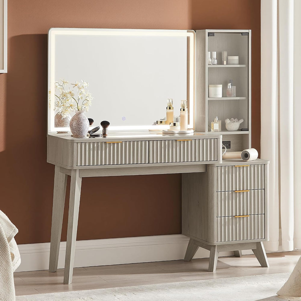 T4TREAM 48" Fluted Makeup Vanity Desk with 36" Lighted Mirror, Whit...