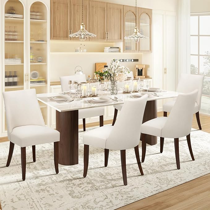 Upholstered Dining Chairs Set of 6, Mid Century Modern Kitchen Chairs with Back, Farmhouse Fabric Side Dining Room Chairs with Wood Legs for Dining Room Restaurant, Beige