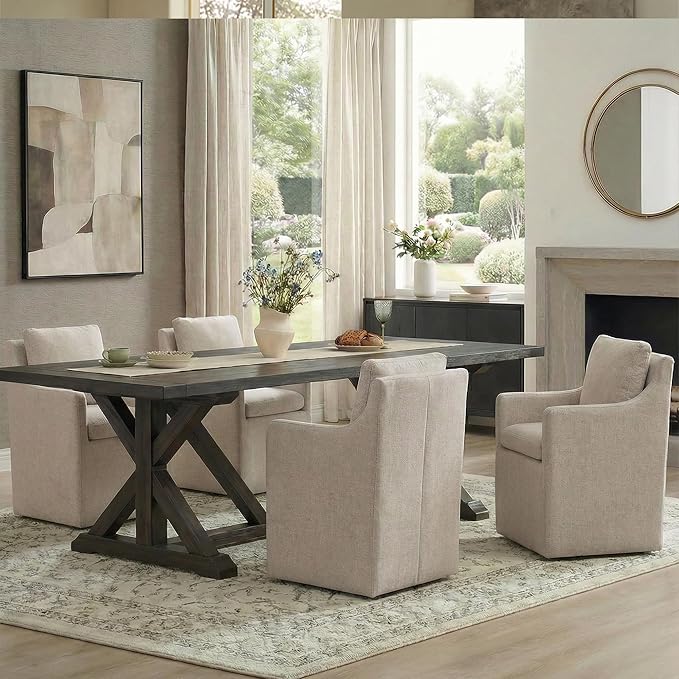 Upholstered Dining Chairs with Casters, No Assembly Modern Accent Armchair with Rollers for Dining Room, Bedroom, Living Room, Reading Room, Already Assembled, Sand, 1 Box