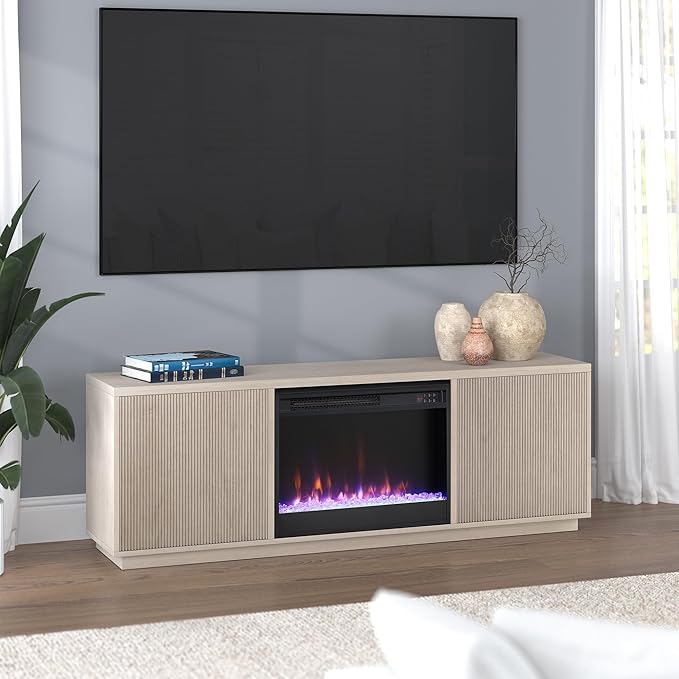 Henn&Hart Fluted TV Stand for TVs up to 75" with 26" Electric Crystal Rocks Fireplace and Ribbed Side Storage Cabinets for Living Room, Family Room, or Office, Beech White