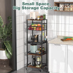 Housolution 5 Tier Kitchen Rolling Cart, Storage Cart with Metal Fruit Vegetable Basket and Pull-Out Pot Lid Cutting Board Organizer, Storage Rack with Wooden Top for Kitchen, Pantry, Bathroom, Brown