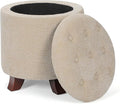 Athena Collection 15 Inch Small Ottoman with Storage, Round Linen Fabric Storage Ottoman Foot Rest with Removable Lid, Multipurpose Footstool Footrest for Living Room, Bedroom, Dorm, Khaki