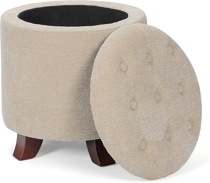Athena Collection 15 Inch Small Ottoman with Storage, Round Linen Fabric Storage Ottoman Foot Rest with Removable Lid, Multipurpose Footstool Footrest for Living Room, Bedroom, Dorm, Khaki