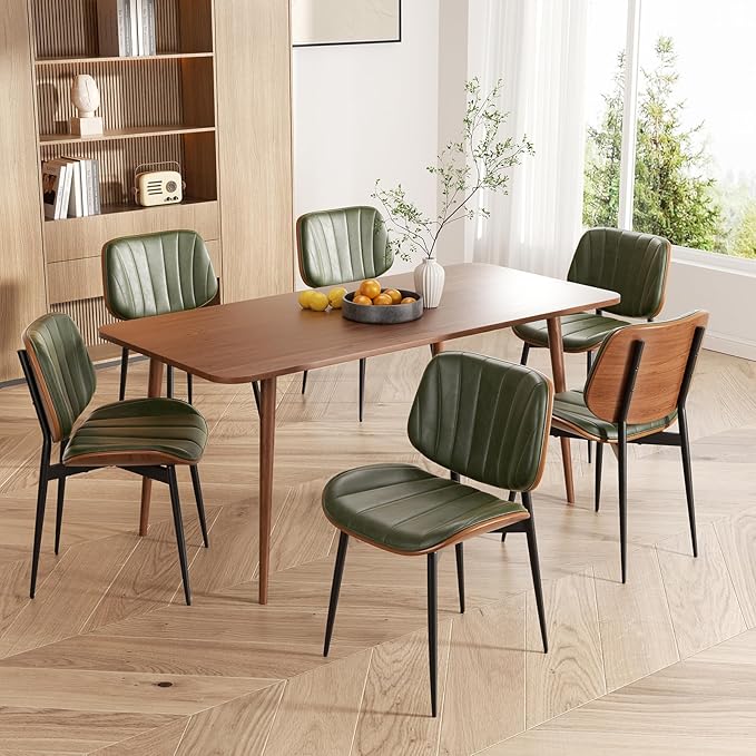 Dining Chairs Set of 2, Mid Century Modern Dining Room Chair, Upholstered Faux Leather Kitchen Chairs with Walnut Bentwood Back and Metal Legs for Kitchen Dining Living Room, Green