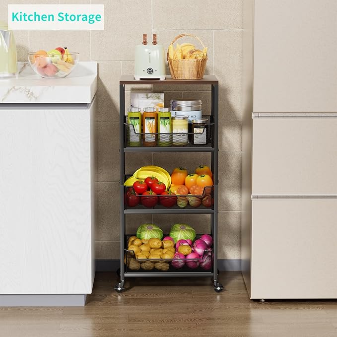 HapiRm Fruit Basket Kitchen Cart - 4-Tier Rolling Storage Cart with Wheels, Fruit Vegetable Basket with Wood Top, Pantry Utility Kitchen Organizer for Fruit Potato Onion Vegetable Bread Snack