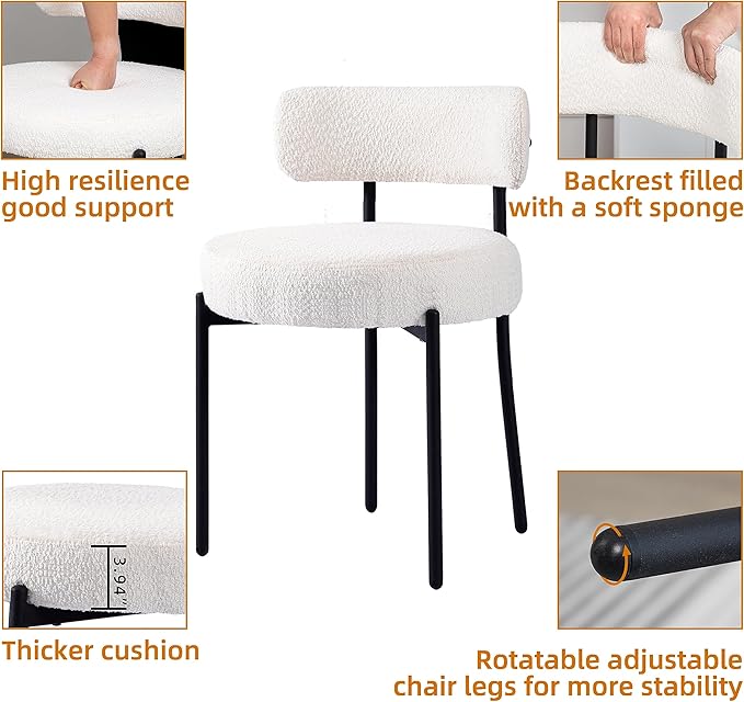 DYHOME White Dining Chair One Chair for Kitchen Dining Room,Upholstered Boucle Dining Chair with Black Metal Legs, Curved Backrest Modern Dining Room Chair