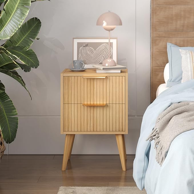 Fluted Nightstand with 2 Drawers,Modern Bedside Table with Metal Handles,Whit...