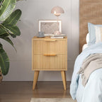 Fluted Nightstand with 2 Drawers,Modern Bedside Table with Metal Handles,White Side Table with Solid Wood Legs,Mid Century End Table for Living Room,Bedroom,Natural CTG55Y