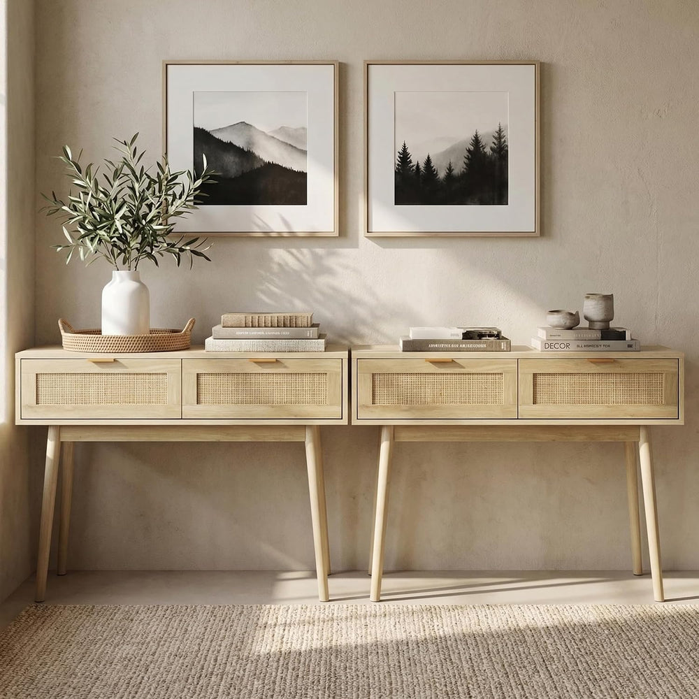 HOPUBUY Console Table Rattan Desk with Drawers,Narrow Sofa | Pine Leg, Modern...