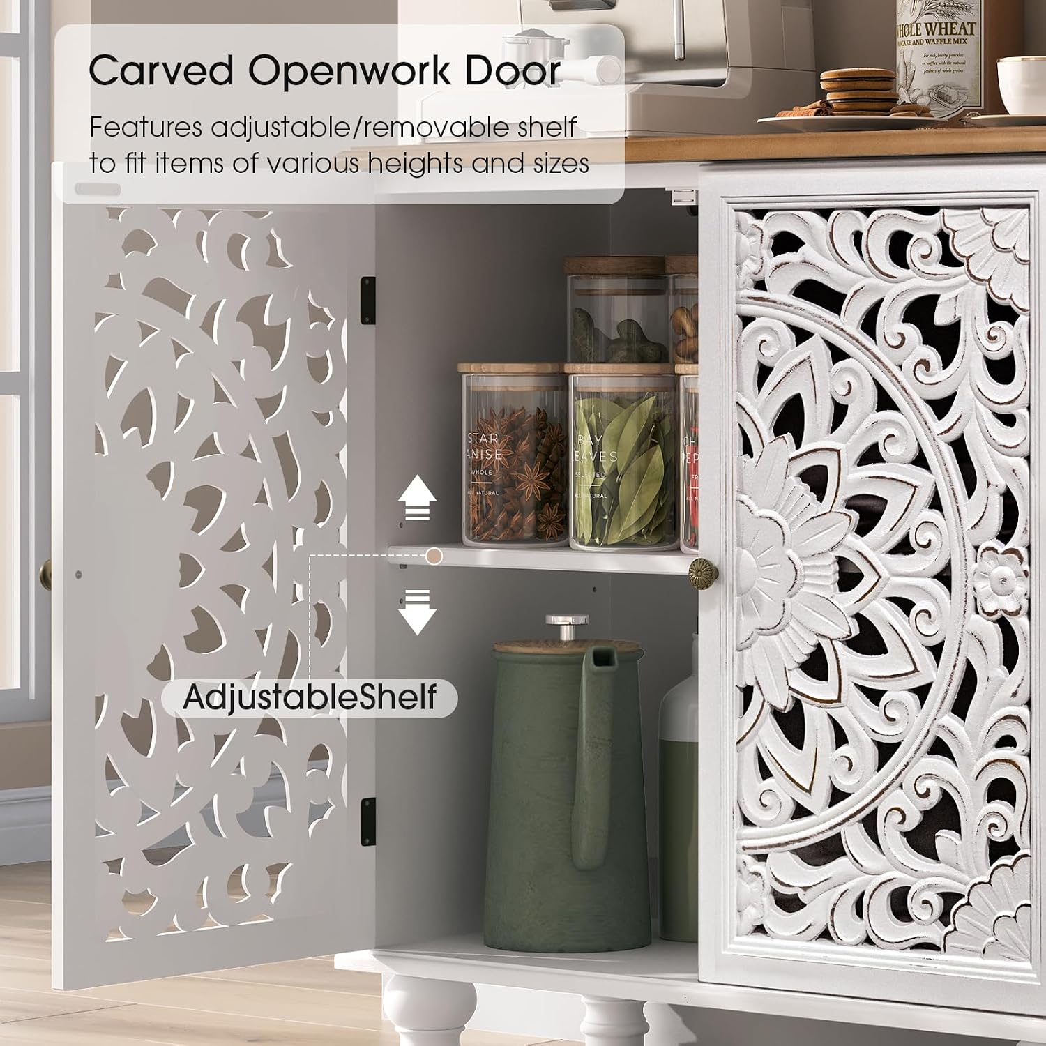 Accent Cabinet with Doors, Decorative Storage Cabinet with Adjustable Shelf, Carved Sideboard Buffet with Solid Wood Legs for Living Room, Entryway, Kitchen, Hallway, White