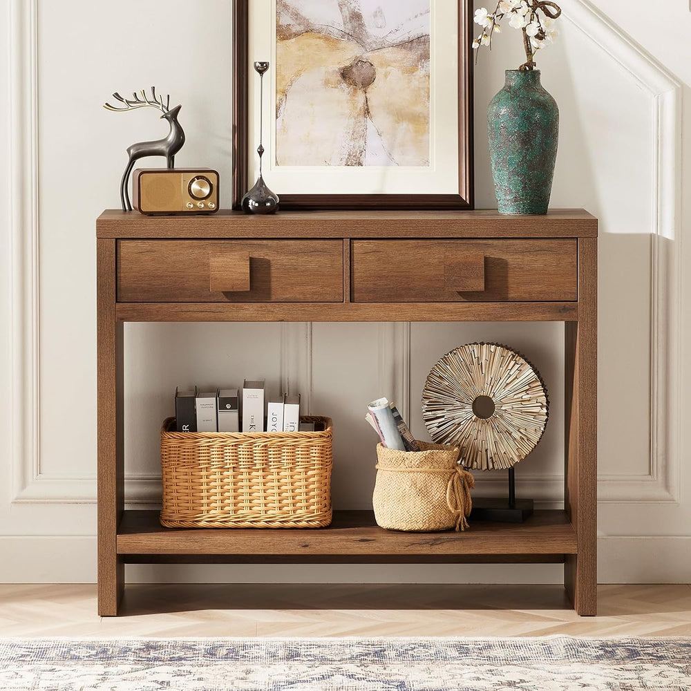 ONBRILL 40 Inch Narrow Console Table with Drawers and Open Shelves
