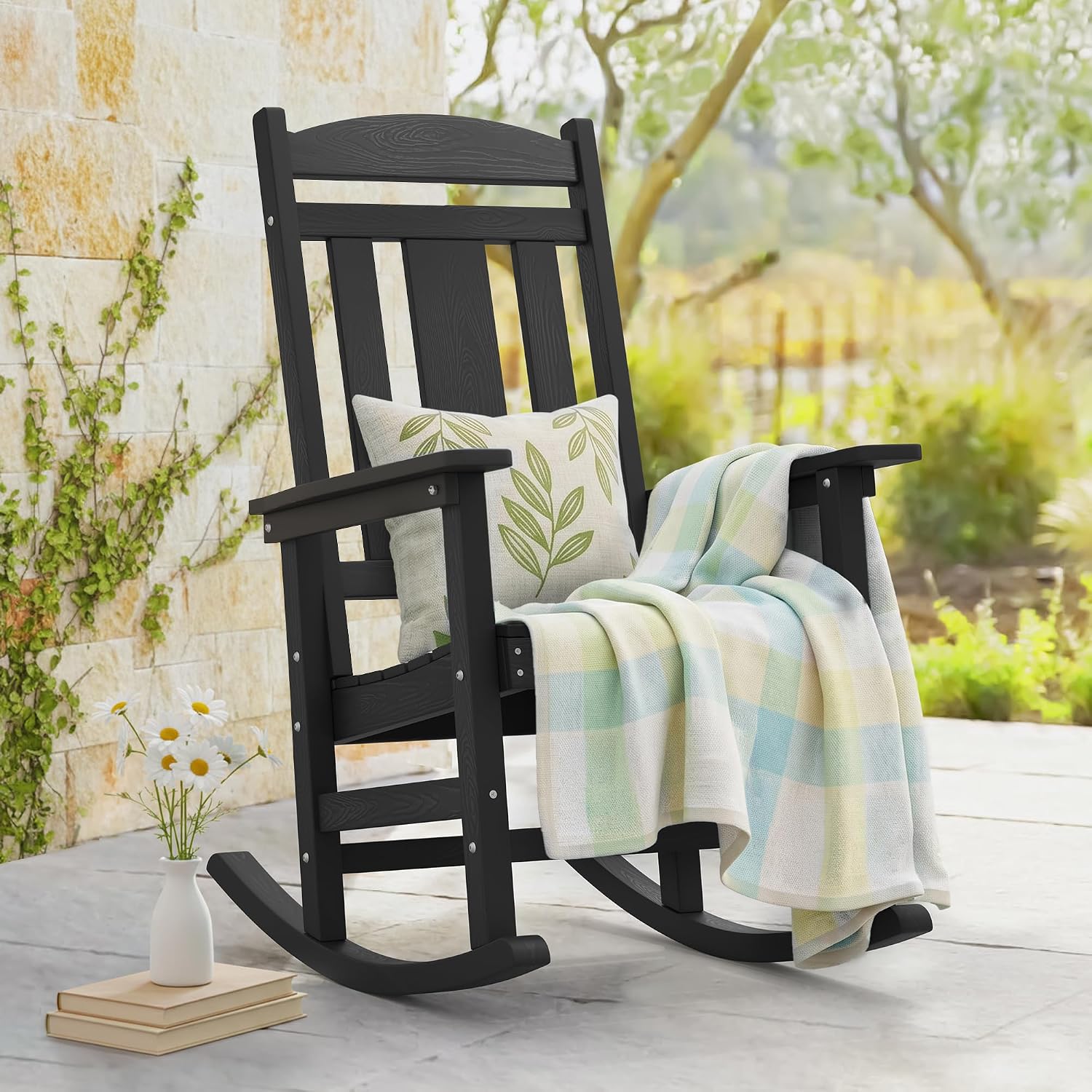 LUE BONA Rocking Chair Outdoor, Weather Resistant Poly Plastic Rocker Chairs, 350lb Heavy Duty, Oversized Porch for Adult, High Back Smooth Chairs Outdoor & Indoor, Black