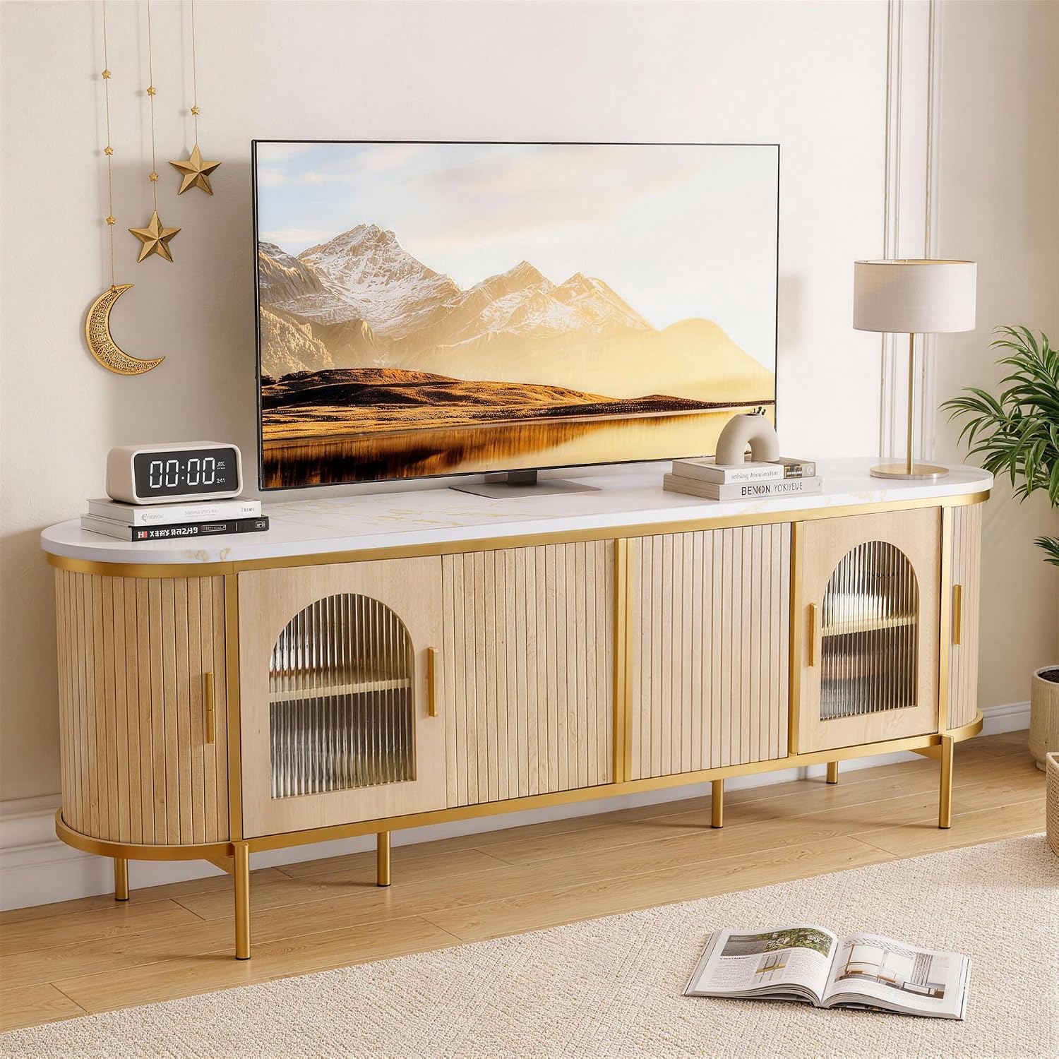 MXV 70" Fluted TV Stand for TVs up to 80", Mid Century Modern Entertainment Center with Sliding Doors & Glass Door, TV Console Table with Faux Marble Top for Living Room, Oak